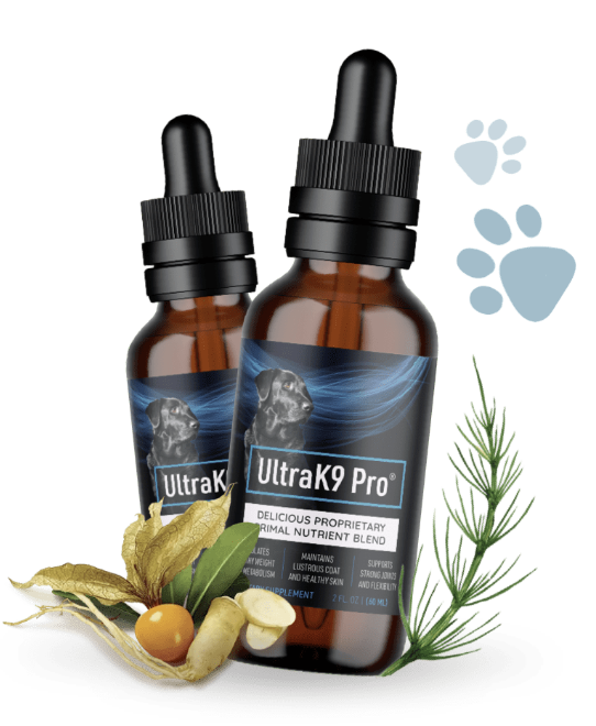 UltraK9 Pro primal nutrient drops for dogs—two amber dropper bottles with herbs and paw icons, highlighting coat, digestion and vitality support