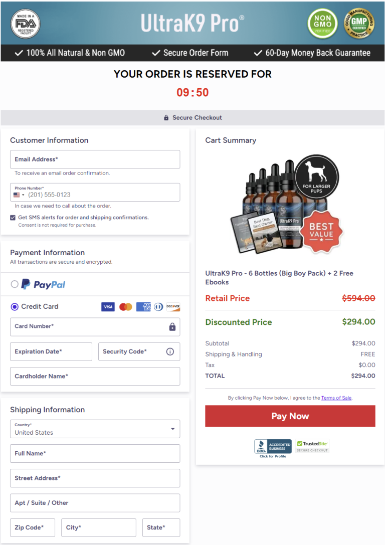 UltraK9 Pro secure checkout page showing Big Boy Pack — 6 bottles + 2 free eBooks — discounted price $294 with Pay Now button.